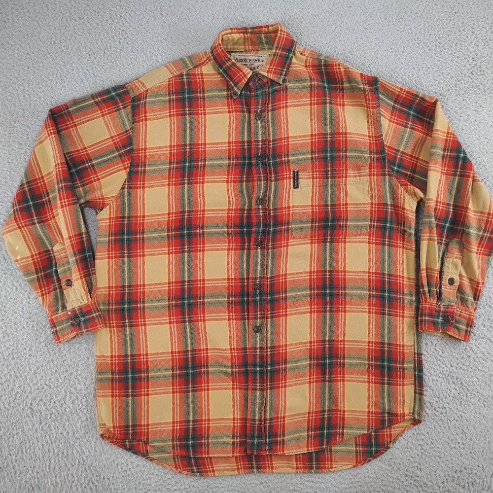 Y2K Abercrombie & Fitch Big Shirt Men Medium Brown Tan Flannel Plaid Button Down